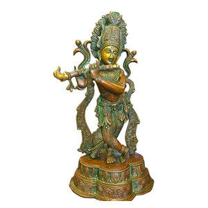 Mogulinterior - Fluting Krishna Brass Statue God of Love Divine Joy Idol Figurine India - Beautiful Gopal Krishna Playing the Flute Brass Statue in Copper finish from India.