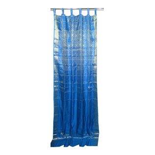 Mogulinterior - Indian Sari Drapes Blue Brocade Silk Sari Curtains Panels Window Treatment - Brocade SARI Silk blends