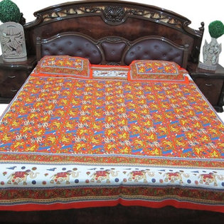 Mogul Interior - Bohemian Cotton Bedding White Orange Animal Printed Ethnic Indian Coverlet - This bedspread set comes to you from India.Elegant white orange printed base cotton bedspread.