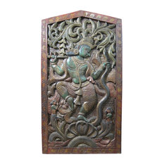 Mogul interior - Consigned Krishna Dancing On Kaliya Serpent Reclaimed Wood Decorative Door Panel - Hand carved wall panels of Krishna dancing on five hooded kaliya serpent head with two serpent lady are in both side.