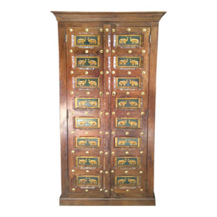 Mogul Interior - Consigned Cabinet Storage Armoire Elephant India Furniture - Wonderfully comprehensive detailed and crated in teak, this cabinet is a very piece of Indian furniture.