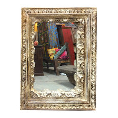 Mogul Interior - Consigned Hand Carved Frame With Mirror Rustic Reclaimed Indian Architectural - *Aesthetically Traditional shabby chic floral carving work in indian wooden mirror frame.