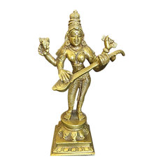 Mogul Interior - Indian Statues Goddess Saraswati Playing Veena Brass Statue India Music - Saraswati is Standing while playing the veena brass sculpture from India.
