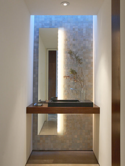 Contemporary Powder Room Design Ideas, Renovations & Photos with Beige Tile