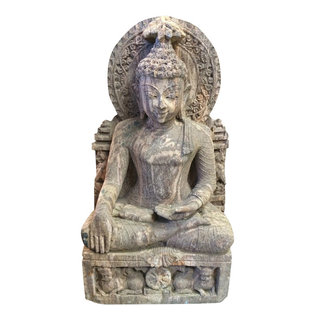 Mogul Interior - Consigned Garden Sculpture, Buddha Earth Touching Mudra Sandstone Statue - *This listing is for a nice Garden Statue Sandstone Sculpture-Indian Decor Gorgeous Buddha statue....................