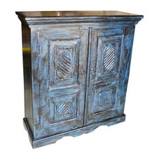 Mogul Interior - Consigned Sideboard Blue Storage Cabinet - Gorgeous antique blue patina hand crafted rustic armoire from India. Ravishingly Crown molding crafted at top and scalloped arch carving at bottom of the cabinet. It is having Two hinged doors that open on the side and two shelves. Specializing in one of a kind vintage, shabby cottage chic and rustic furniture and antiques.