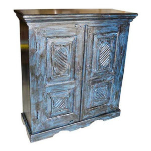 Mogul Interior - Consigned Sideboard Blue Storage Cabinet - Gorgeous antique blue patina hand crafted rustic armoire from India. Ravishingly Crown molding crafted at top and scalloped arch carving at bottom of the cabinet. It is having Two hinged doors that open on the side and two shelves. Specializing in one of a kind vintage, shabby cottage chic and rustic furniture and antiques.