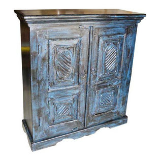 Mogul Interior - Consigned Sideboard Blue Storage Cabinet - Gorgeous antique blue patina hand crafted rustic armoire from India. Ravishingly Crown molding crafted at top and scalloped arch carving at bottom of the cabinet. It is having Two hinged doors that open on the side and two shelves. Specializing in one of a kind vintage, shabby cottage chic and rustic furniture and antiques.