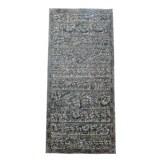 Mogul Interior - Consigned India Panel Tribal Animals Hand Carved Door Ethnic Vintage Decor 72" - Beautiful carving of elephant, camel, bulk cart, trees, huts and tribal peoples hand carved door panel.