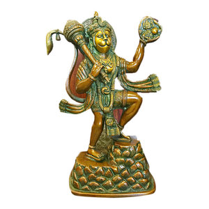 Mogul Interior - Spiritual Gift Indian Brass Statue Healing Hanuman - Healer Hanuman Statue Carrying Mountain of Herbs Sanjeevani Brass Sculpture