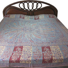 Mogul Interior - Cashmere India Bedding Blue Maroon Pashmina Blanket King Sofa Throw - Gorgeous & intricate ethnic king size Blue,Maroon,Orange,Cream white Reversible Warm Jamavar Wool Indian Bedding Bedspread Bed cover in exquisite huge swirling Floral Paisley motifs with designer floral borders Blanket from India.