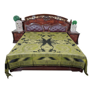 Mogul Interior - Bedspread Green Black Reversible Blanket India Bedding Bedcover - Gorgeous & intricate ethnic medium green and black reversible warm jamavar wool Indian bedspread bed cover in exquisite huge swirling floral paisley motifs from India.