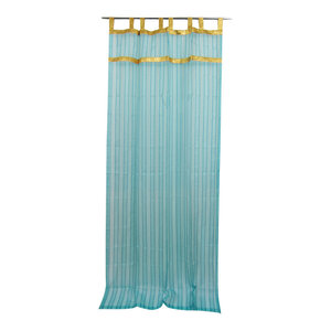 mogulinterior - 2 Sheer Organza Curtain Turquoise Golden Sari Border Drapes Panels, 48x108" - Vibrant & stunning decor with golden lace border organza sari curtains, add delicate sheer style to your windows.