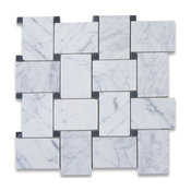 11"x11" Carrara White Large Basketweave Mosaic Tile With Black Dots Honed