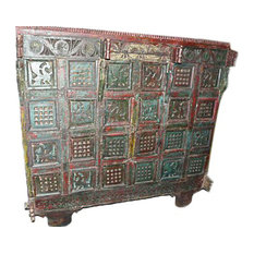 Mogul Interior - Consigned Sideboard India Boho Rustic Red Green Tribal Patina Carved Furniture - A desert area elegant buffet sideboard Manjoosh. Beautifully hand crafted and made of teak and sheesham wood.Nice combination of green and red color is helpful to keep cool from inside embellished with peacock and chakras deeply exotic engraved. Peacock symbolizes elation, joy and chakras is the strength wheel