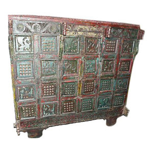 Mogul Interior - Consigned Sideboard India Boho Rustic Red Green Tribal Patina Carved Furniture - A desert area elegant buffet sideboard Manjoosh. Beautifully hand crafted and made of teak and sheesham wood.Nice combination of green and red color is helpful to keep cool from inside embellished with peacock and chakras deeply exotic engraved. Peacock symbolizes elation, joy and chakras is the strength wheel