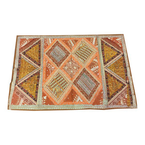 Mogulinterior - Indian Brown Beads Decorative Tapestry Old Sari Patchwork Wall Decor - Brown Patchwork Sari tapestries are handmade from vintage embroidered saris and  patches and beautifully exotic creations.This beautiful and intricately embroidered tapestry in rich captivating colors and an assortment of beads and sequins is a intense piece or workmanship.Hand embroidered patches with floral, paisley and Indian motifs in a gorgeous array of design, add to the allure of our beautiful sari wall hanging.