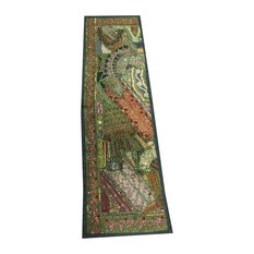 Mogul Interior - Consigned Antique Fabric, Golden Embroidered Green Sari Patchwork Tapestry - Table Runners
