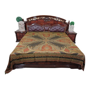 Mogul Interior - Pashmina Bedspreads Blanket Earthy Orange Kashmir Bedding King Size - Gorgeous & intricate ethnic medium orange,, brown and black reversible warm jamavar wool Indian bedspread bed cover in exquisite huge swirling floral paisley motifs from India.