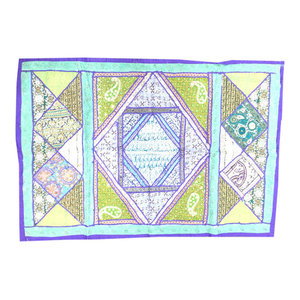Mogulinterior - Indian Vintage Style Blue Purple Patchwork Tapestry Wall Hanging - This beautiful and intricately embroidered tapestry in rich captivating colors and an assortment of beads and sequins is a intense piece or workmanship.Hand embroidered patches with floral, paisley and Indian motifs in a gorgeous array of design, add to the allure of our beautiful sari wall hanging.
