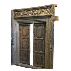 Mogulinterior - Consigned Double Door Frame Rustic Peacock Hand Carved Antique Temple Door - The door comes from India and are a 18/19 century vintage pieces.