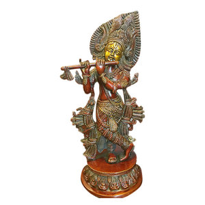 Mogulinterior - Hindu Idol Krishna Brass Statue Figurine Red Patina Sculpture 13 Inch - Gopal Krishna Playing the Flute Indian Brass Statue in Red Patina finish from India