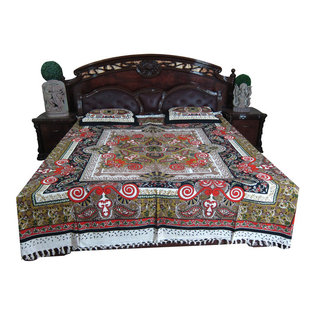 Mogul Interior - Mogul Inspired Bedspread Indian Bedroom Decor Cotton Bed Cover Brown Red - Authentic hand block printed, hand loomed cotton bedspreads.Variation and color runs are an inherent part of the hand crafting process.