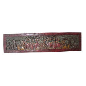 Mogul interior - Consigned Radha Krishna Headboard Distressed Wood Furniture - Beautiful vertical hand carved Radh Krishna headboard can either be hung on the wall or use as a door panel.