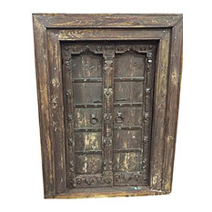 Mogul interior - Consigned Reclaimed Wood Indian Doors Haveli Style Decor Jharokha Teak With Iron - Hand carved wooden double door window with frame from India.