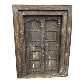 Mogul interior - Consigned Reclaimed Wood Indian Doors Haveli Style Decor Jharokha Teak With Iron - Hand carved wooden double door window with frame from India.
