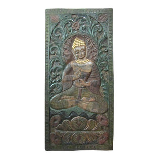 Mogul Interior - Consigned Buddha Door Panel Reclaimed Wood Carved Wall Panel - The Buddha seated on double floral base hand carved colorful door panel from India.