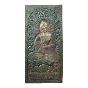 Mogul Interior - Consigned Buddha Door Panel Reclaimed Wood Carved Wall Panel - The Buddha seated on double floral base hand carved colorful door panel from India.