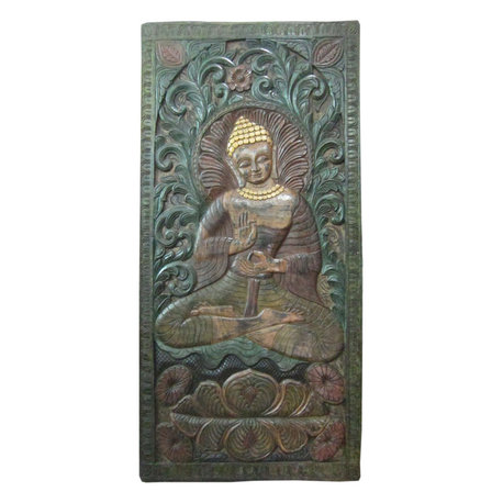 Mogul Interior - Consigned Buddha Door Panel Reclaimed Wood Carved Wall Panel - Wall Accents