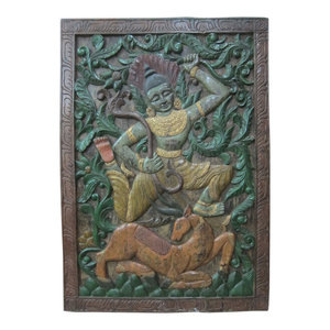 Mogul Interior - Consigned Indian Hand Carvied Wall Panel Green Patina - Hand carved wall panels of lord Ram and golden deer Colorful carving door from India.