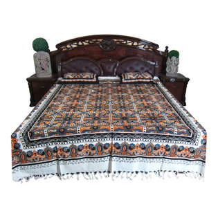 Mogul Interior - Indian Bedspread- Galicha India Inspired Print Orange Blue Handloom Cotton Bed - Authentic hand block printed, hand loomed cotton bedspreads.Variation and color runs are an inherent part of the hand crafting process.