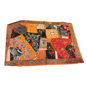 Mogul interior - Consigned Indian Tapestry Handmade Gray Orange Sequins - Sari tapestries are handmade from embroidered saris and Zardozi patches and are beautifully exotic creations.