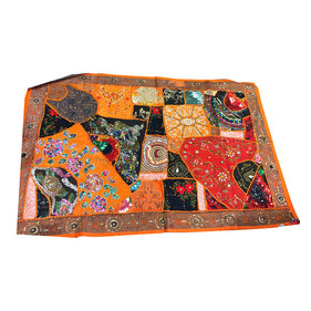 Mogul interior - Consigned Indian Tapestry Handmade Gray Orange Sequins - Sari tapestries are handmade from embroidered saris and Zardozi patches and are beautifully exotic creations.