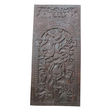Mogul Interior - Consigned Indian Door Decorative Panel Radha Krishna On Tree Hand Carved 72X - Wall Decor