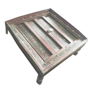 Mogul Interior - Consigned Red Green Floral Hand-Painted Square Antique Jaipur Coffee Table - Coffee Tables