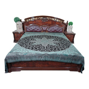 Mogul Interior - Indian Bedspreads Boho Blanket Throw Pashmina Bedspread Reversible Bedding - Gorgeous & intricate ethnic medium turquoise reversible warm jamavar wool Indian bedspread bed cover in exquisite huge swirling floral paisley motifs from India.