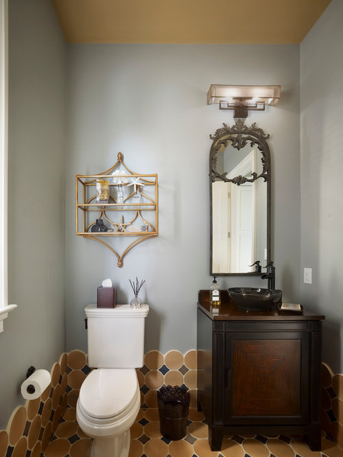 Eclectic Powder Room Wales Inspiration for an eclectic powder room remodel in Philadelphia with a vessel sink, beaded inset