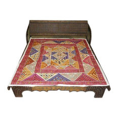 Mogul Interior - Embroidered Bedspread Patchwork Maroon Ivory Tapestry Throw - Vibrant multicolor sparkling and mirror work adds to the glitter adorn various motifs cotton vintage sari hues of ivory, Orange, Yellow, red , pink maroon