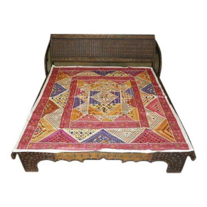 Mogul Interior - Embroidered Bedspread Patchwork Maroon Ivory Tapestry Throw - Vibrant multicolor sparkling and mirror work adds to the glitter adorn various motifs cotton vintage sari hues of ivory, Orange, Yellow, red , pink maroon