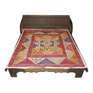 Mogul Interior - Embroidered Bedspread Patchwork Maroon Ivory Tapestry Throw - Vibrant multicolor sparkling and mirror work adds to the glitter adorn various motifs cotton vintage sari hues of ivory, Orange, Yellow, red , pink maroon