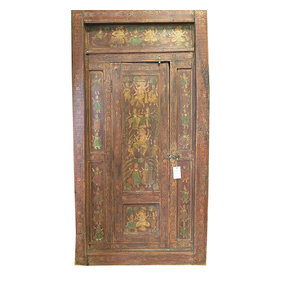 Mogul Interior - Consigned Nritya Ganapati Ganesha Doors Solid Rustic Wood Hand Painted Furniture - Reclaimed door frame, hand carved, ready to decor in your house...................