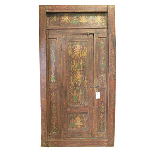 Mogul Interior - Consigned Nritya Ganapati Ganesha Doors Solid Rustic Wood Hand Painted Furniture - Reclaimed door frame, hand carved, ready to decor in your house...................