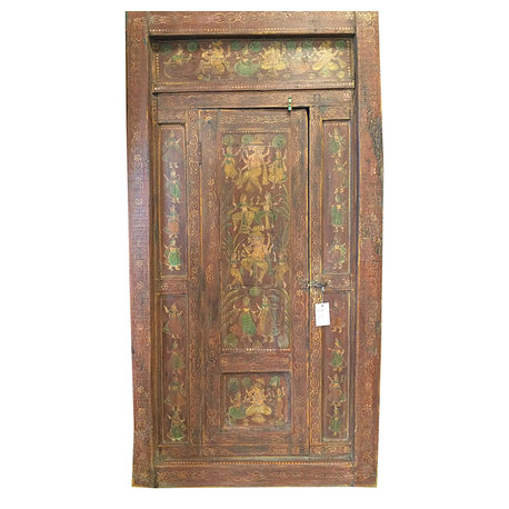 Mogul Interior - Consigned Nritya Ganapati Ganesha Doors Solid Rustic Wood Hand Painted Furniture - Interior Doors