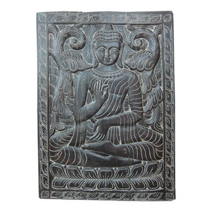 Mogul Interior.com - Consigned Indian Interiors Panel Buddha Hand Carved Wall Hanging 36 X 48 - The Buddha seated on floral base hand carved door panel from India.