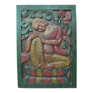 Mogul Interior - Consigned Indian Wall Hanging Resting Buddha Yoga Panels 36 X 48 - The Resting Buddha hand carved colorful wall panel from India.