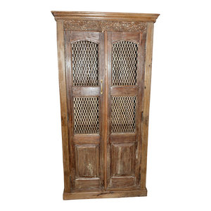 Mogul Interior - Antique Brown Armoire Wardrobe With Open Iron Jali Design - Armoires And Wardrobes